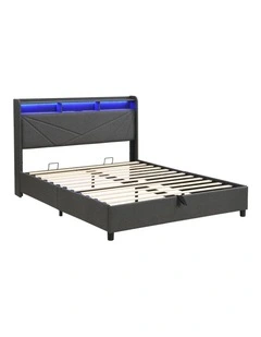 Grey Gas Lift Bed Frame with LED Light and Charging Station, Modern Upholstery Bed Storage Headboard