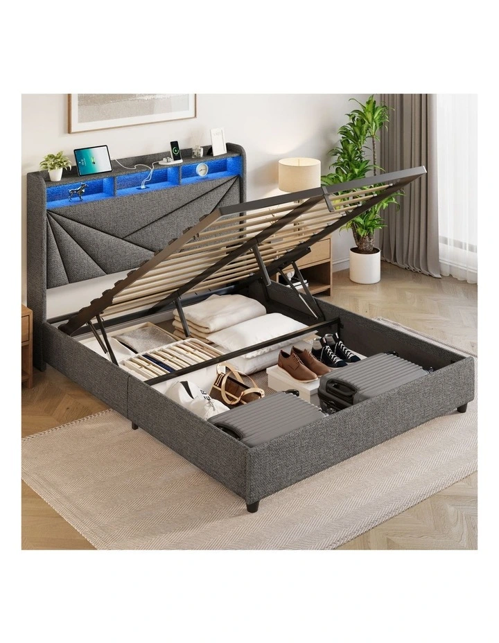 Grey Gas Lift Bed Frame with LED Light and Charging Station, Modern Upholstery Bed Storage Headboard image 2