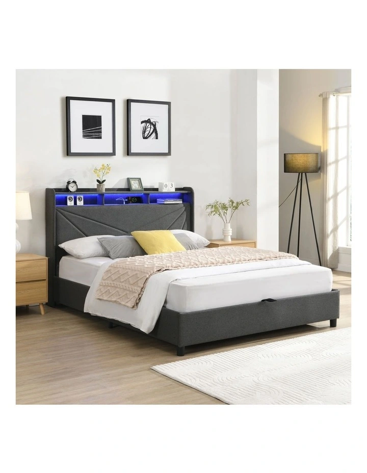 Grey Gas Lift Bed Frame with LED Light and Charging Station, Modern Upholstery Bed Storage Headboard image 3