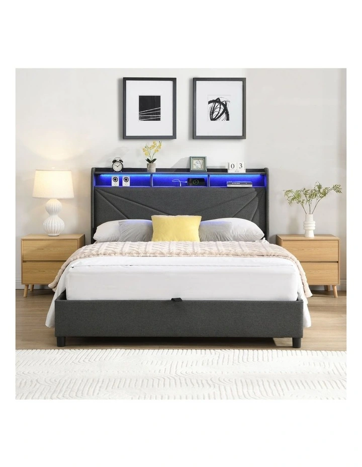 Grey Gas Lift Bed Frame with LED Light and Charging Station, Modern Upholstery Bed Storage Headboard image 4
