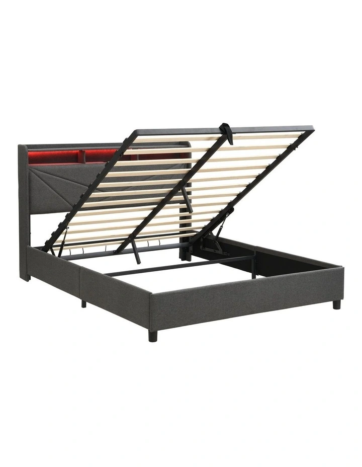 Grey Gas Lift Bed Frame with LED Light and Charging Station, Modern Upholstery Bed Storage Headboard image 5