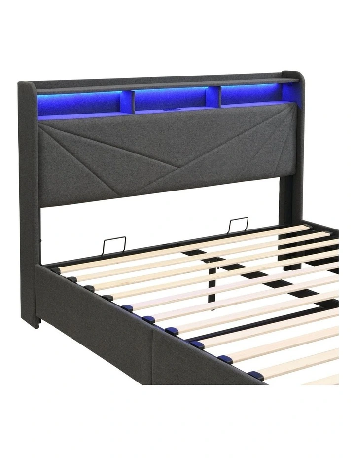 Grey Gas Lift Bed Frame with LED Light and Charging Station, Modern Upholstery Bed Storage Headboard image 6