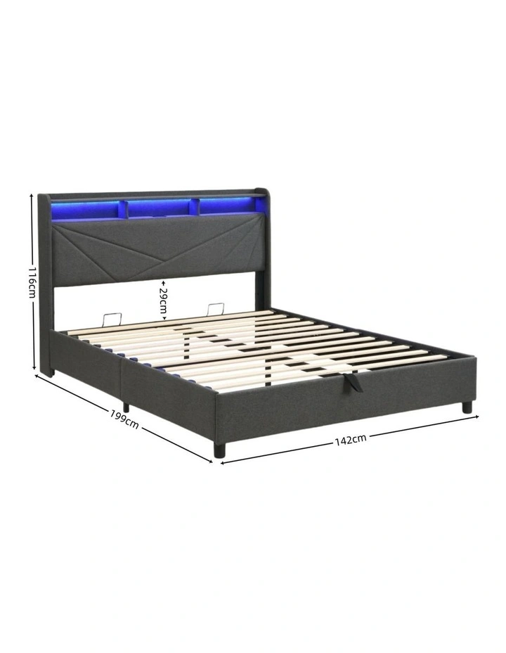 Grey Gas Lift Bed Frame with LED Light and Charging Station, Modern Upholstery Bed Storage Headboard image 7