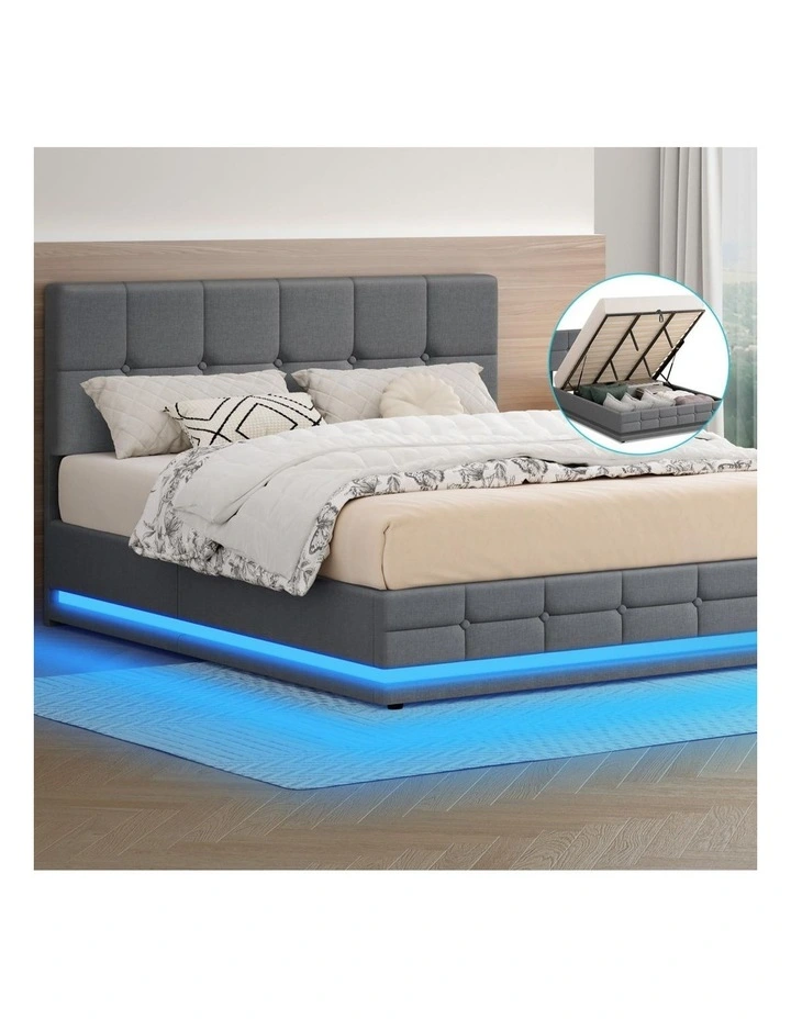 Bed Frame King Size Platform RGB LED Gas Lift Base Storage Grey image 2