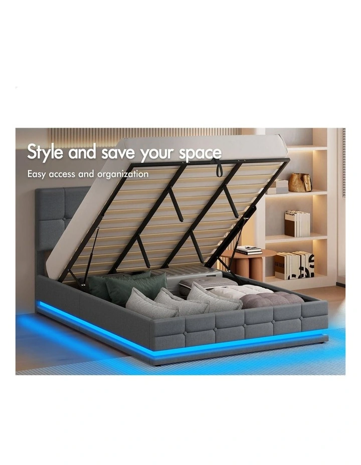 Bed Frame King Size Platform RGB LED Gas Lift Base Storage Grey image 4