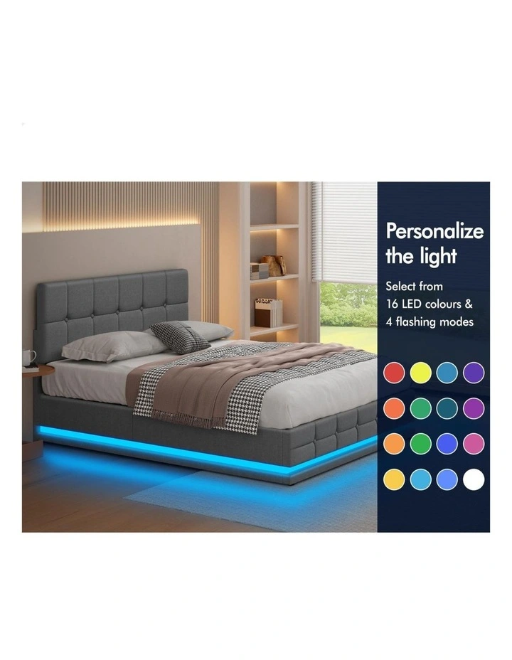 Bed Frame Double Size Platform RGB LED Gas Lift Base Storage Grey image 5