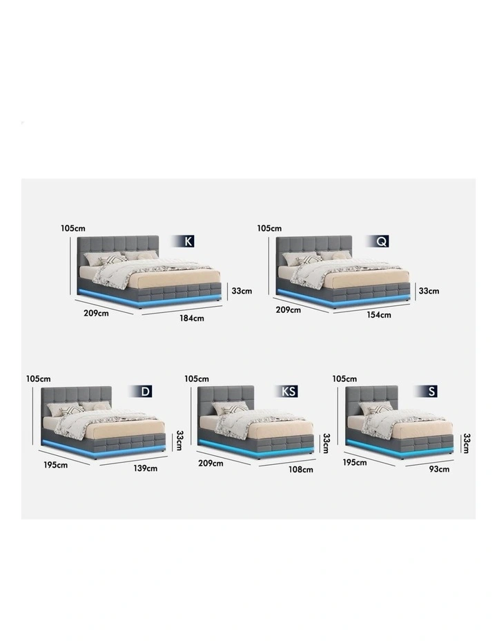Bed Frame Double Size Platform RGB LED Gas Lift Base Storage Grey image 6