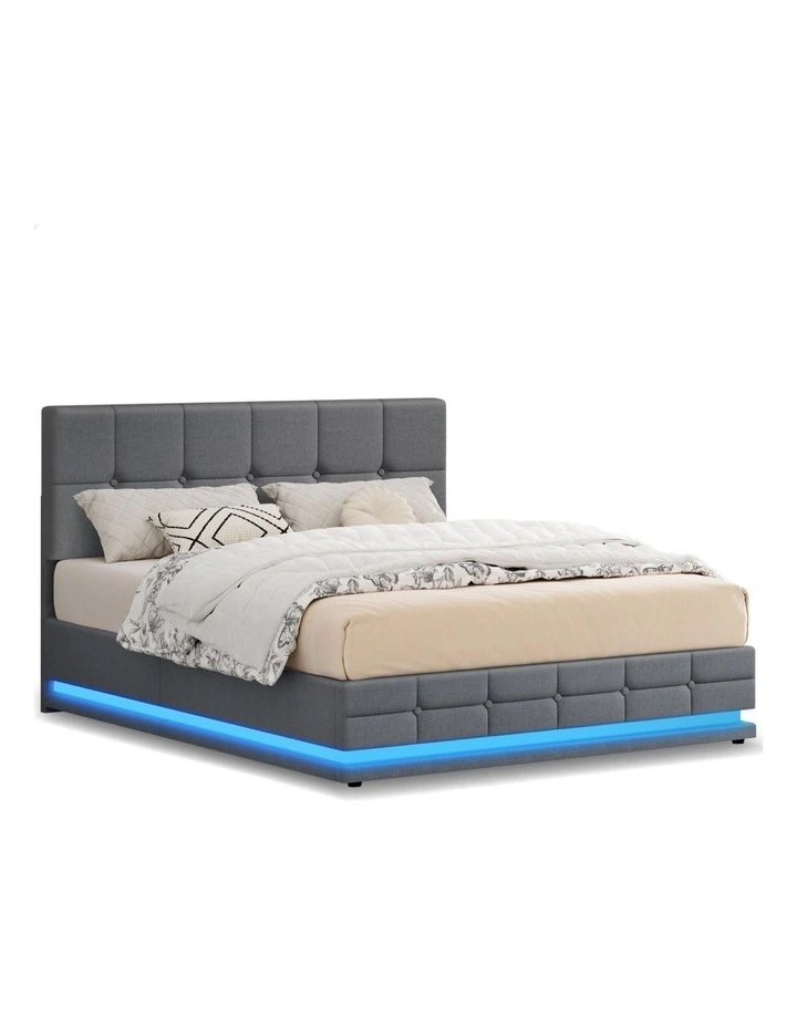 Bed Frame Queen Size Platform RGB LED Gas Lift Base Storage Grey image 1