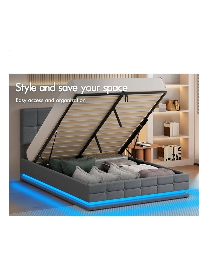 Bed Frame Queen Size Platform RGB LED Gas Lift Base Storage Grey image 4