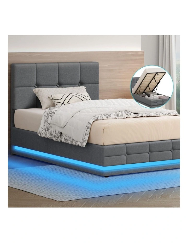 Bed Frame King Single Platform RGB LED Gas Lift Base Storage Grey image 2