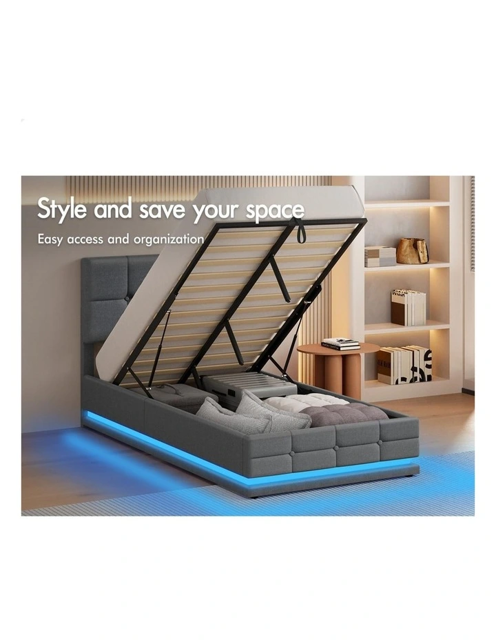 Bed Frame King Single Platform RGB LED Gas Lift Base Storage Grey image 4