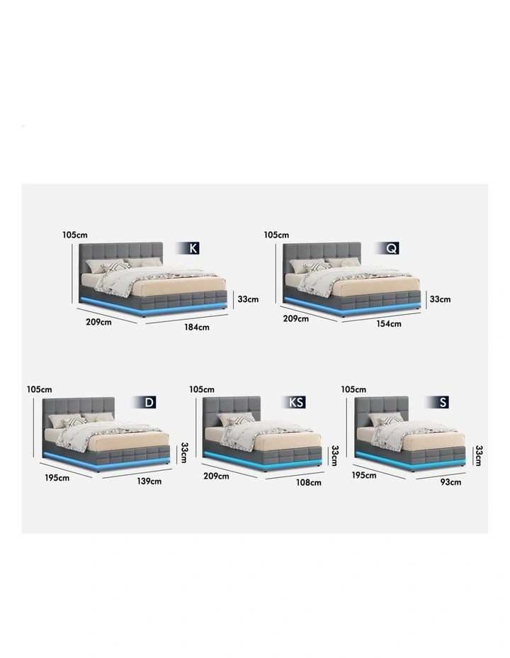 Bed Frame King Single Platform RGB LED Gas Lift Base Storage Grey image 7