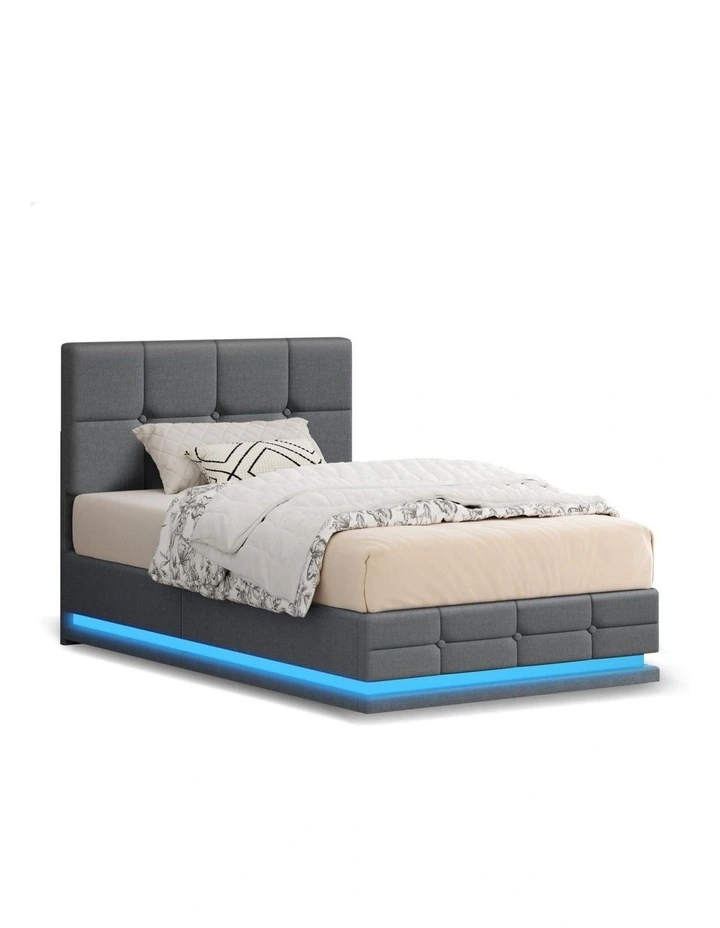 Bed Frame Single Size Platform RGB LED Gas Lift Base Storage Grey image 1