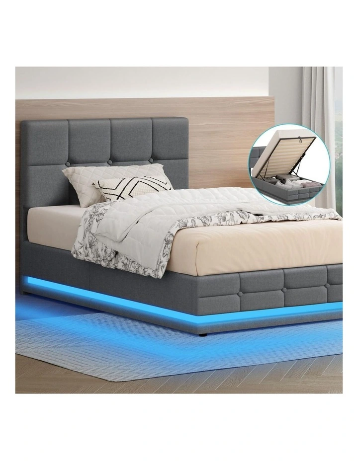 Bed Frame Single Size Platform RGB LED Gas Lift Base Storage Grey image 2