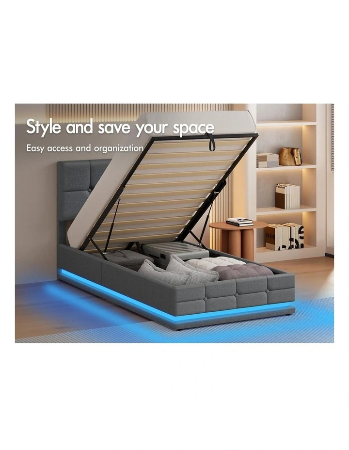 Bed Frame Single Size Platform RGB LED Gas Lift Base Storage Grey image 4