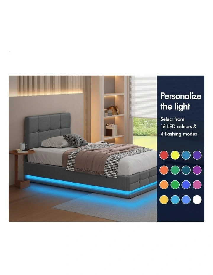 Bed Frame Single Size Platform RGB LED Gas Lift Base Storage Grey image 5