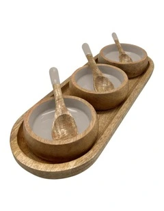 Corinne Serving Tray with Dip Bowls and Spoons in Light Taupe