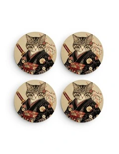 Samurai Cat Ceramic Coaster Set of 4 (4 x 4)