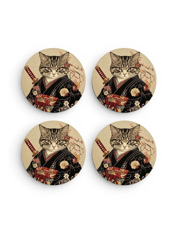 Samurai Cat Ceramic Coaster Set of 4 (4 x 4) image 1