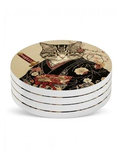 Samurai Cat Ceramic Coaster Set of 4 (4 x 4)
