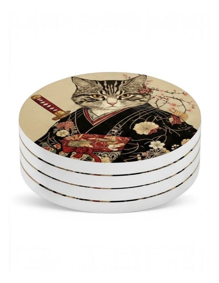 Samurai Cat Ceramic Coaster Set of 4 (4 x 4) image 1
