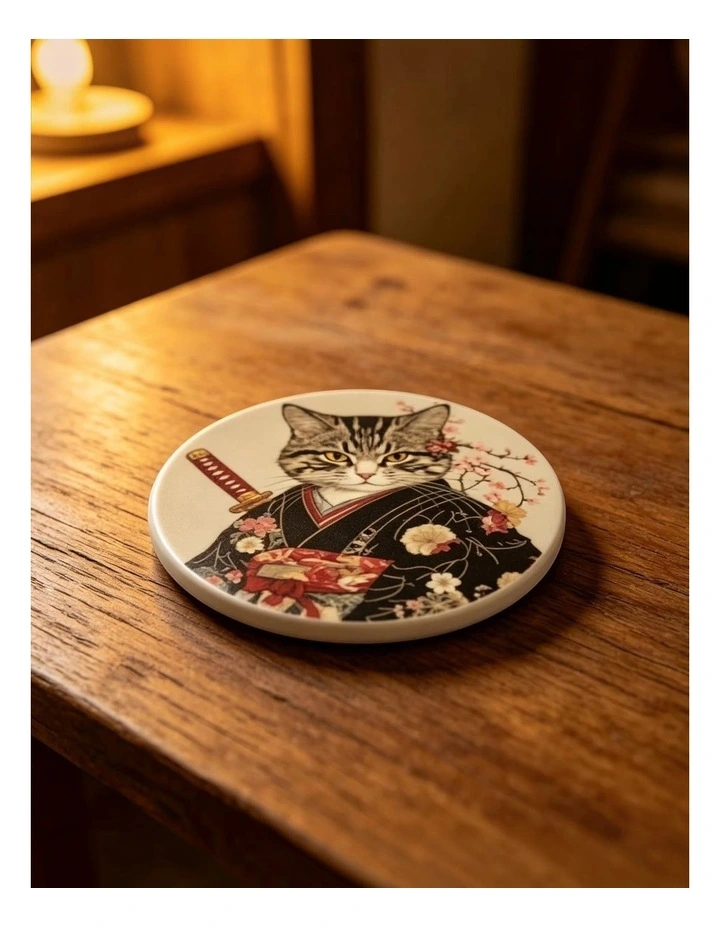 Samurai Cat Ceramic Coaster Set of 4 (4 x 4) image 2