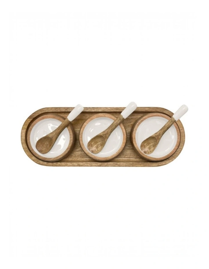 Corinne Serving Tray with Dip Bowls and Spoons 35.5x13x5cm White & Natural image 2