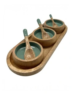 Corinne Serving Tray with Dip Bowls and Spoons 35.5x13x5cm Green & Natural