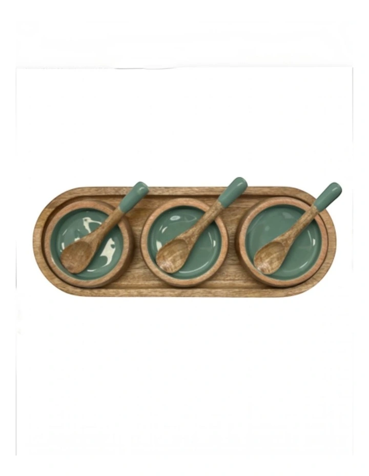 Corinne Serving Tray with Dip Bowls and Spoons 35.5x13x5cm Green & Natural image 2