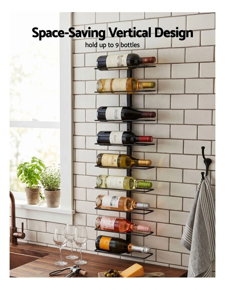 Artiss Wall Mounted Wine Rack 9 Bottles Display Storage Organizer Metal Black image 4