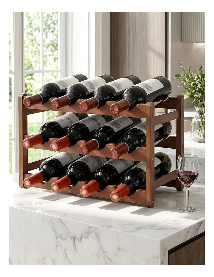 Artiss Bamboo Wine Rack 3-Tier Display Storage Organizer 12 Bottle Walnut image 3