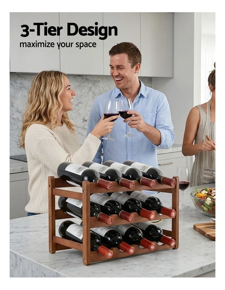 Artiss Bamboo Wine Rack 3-Tier Display Storage Organizer 12 Bottle Walnut image 5