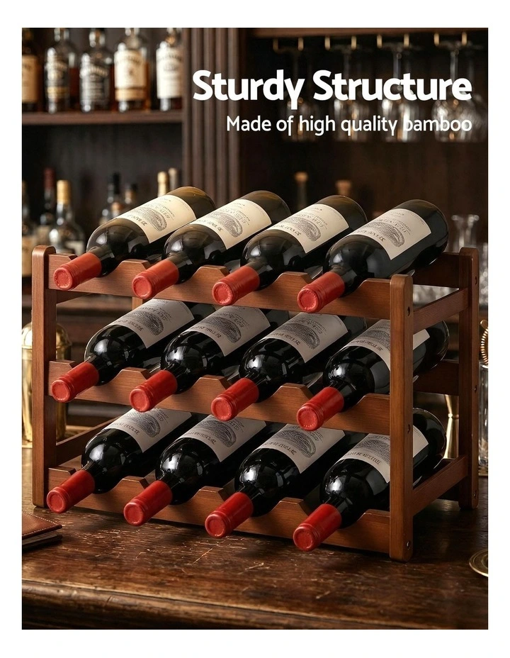 Artiss Bamboo Wine Rack 3-Tier Display Storage Organizer 12 Bottle Walnut image 6
