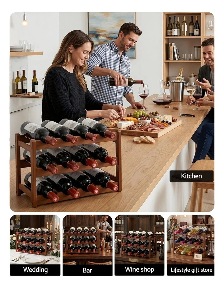 Artiss Bamboo Wine Rack 3-Tier Display Storage Organizer 12 Bottle Walnut image 7