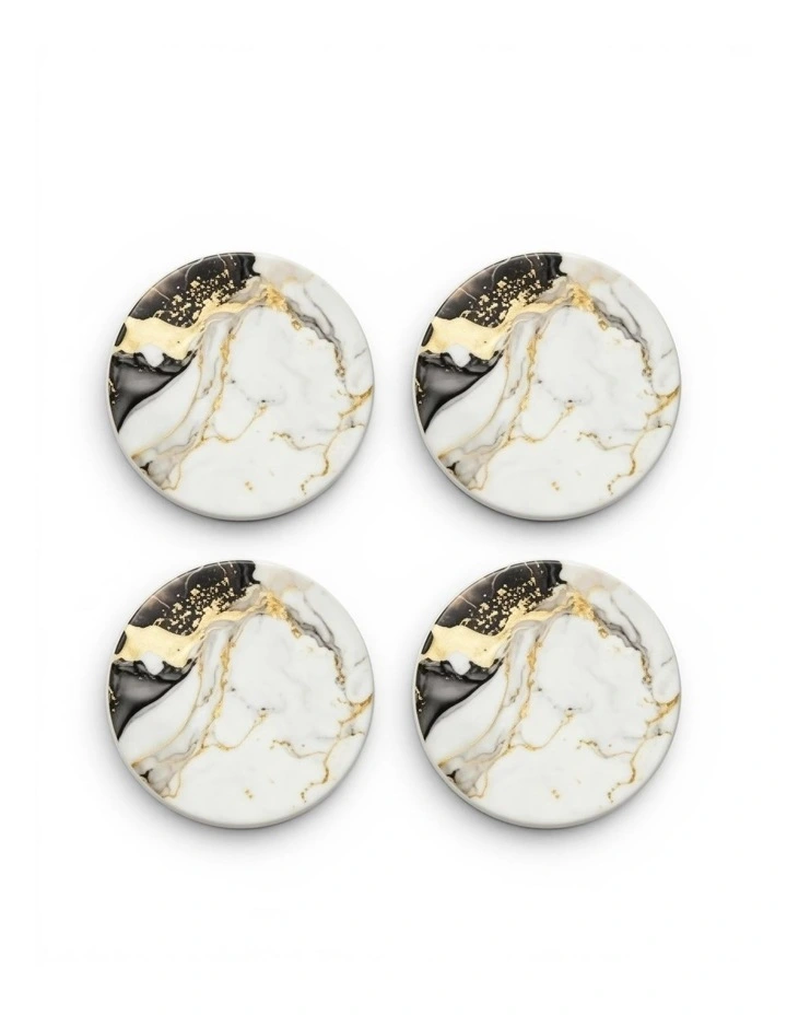 Set of 4 Black & Gold Marble Design Ceramic Coasters with Cork Backing image 1