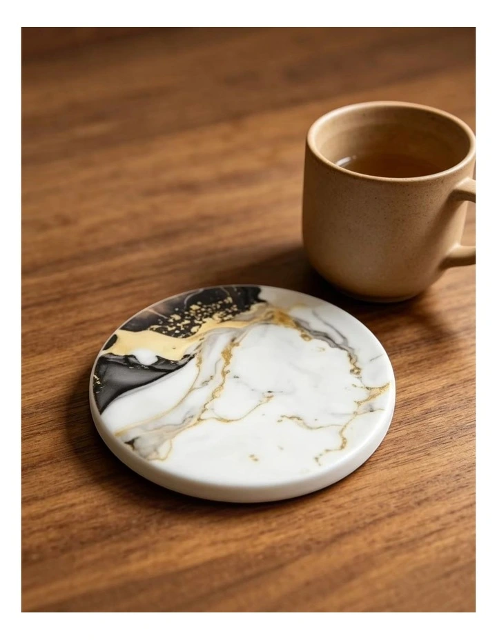 Set of 4 Black & Gold Marble Design Ceramic Coasters with Cork Backing image 2
