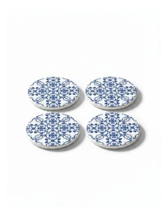 Set of 4 Blue Mediterranean Ceramic Coasters  Portuguese Tile Design with Cork Backing