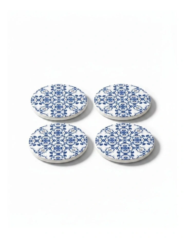 Set of 4 Blue Mediterranean Ceramic Coasters Portuguese Tile Design with Cork Backing image 1