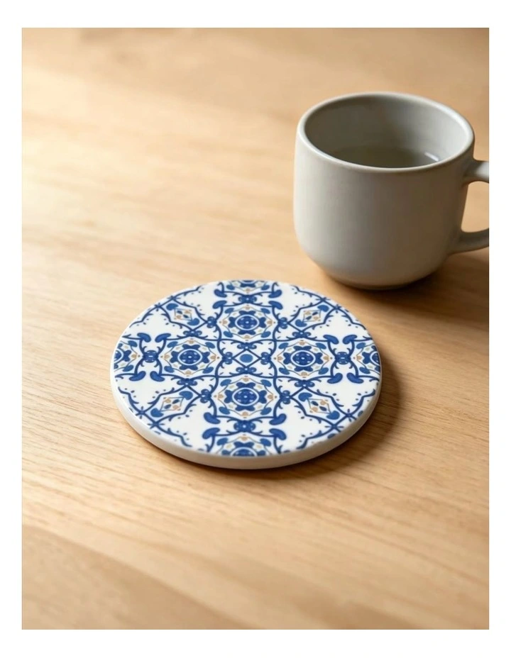 Set of 4 Blue Mediterranean Ceramic Coasters Portuguese Tile Design with Cork Backing image 3
