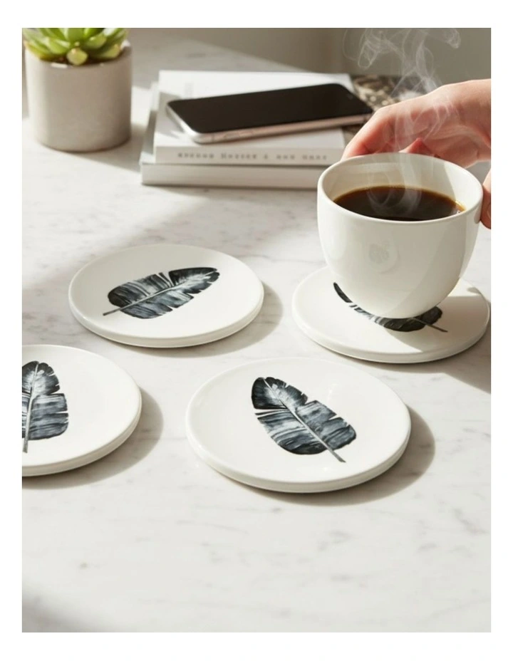 Minimalist Botanical Ceramic Coaster Set Set of 4 Round Coasters (4 x 4) image 2
