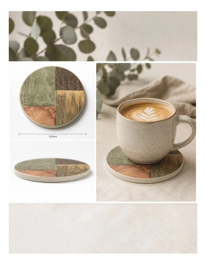 Set of 4 Earth Tone Geometric Ceramic Coaster 4 x 4 image 3