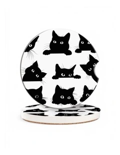 Set of 4 Black Cat Ceramic Coasters with Cork Backing