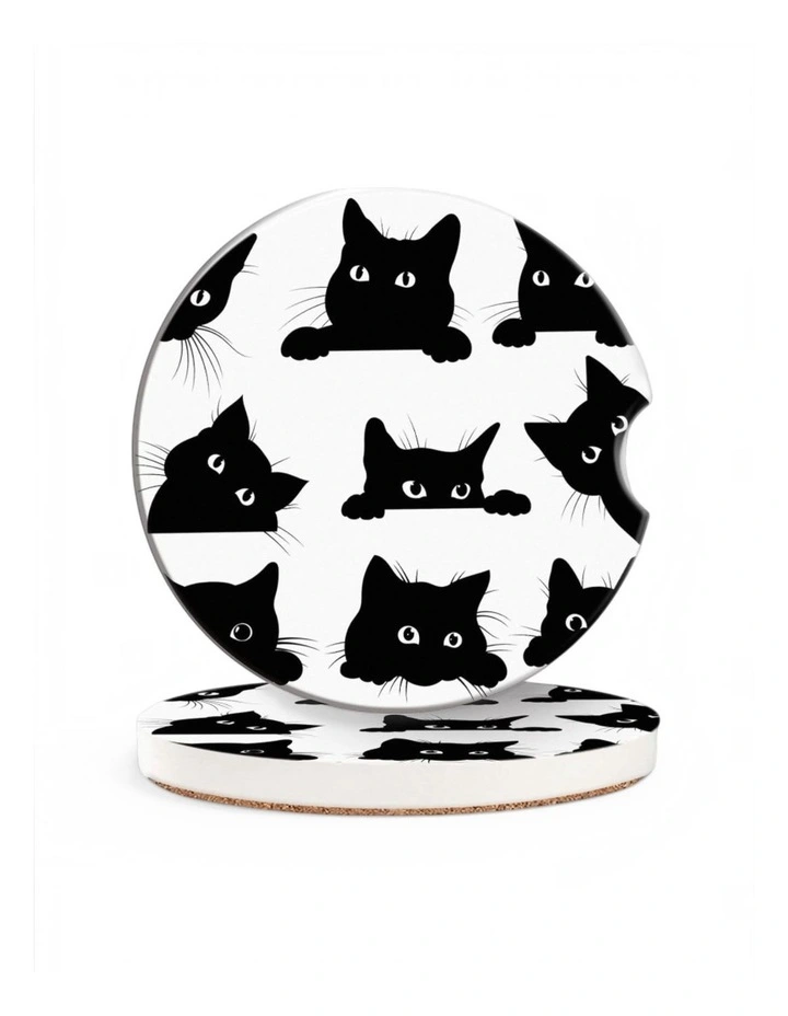 Set of 4 Black Cat Ceramic Coasters with Cork Backing image 1