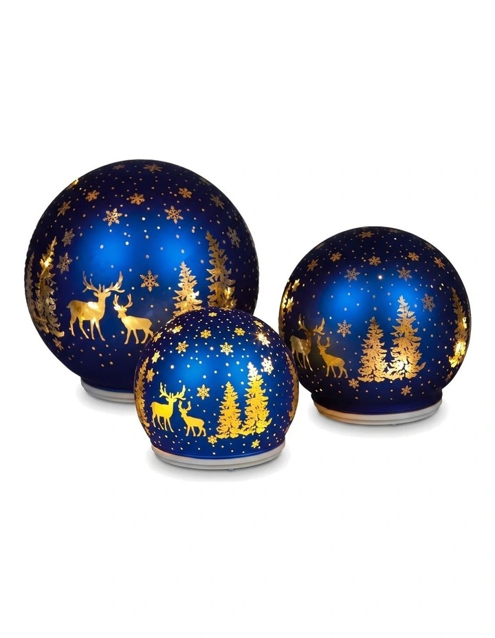 Christabelle 3 Royal Blue Glass Christmas LED Light Up Spheres Gold Forest Table Decor Xmas image 1