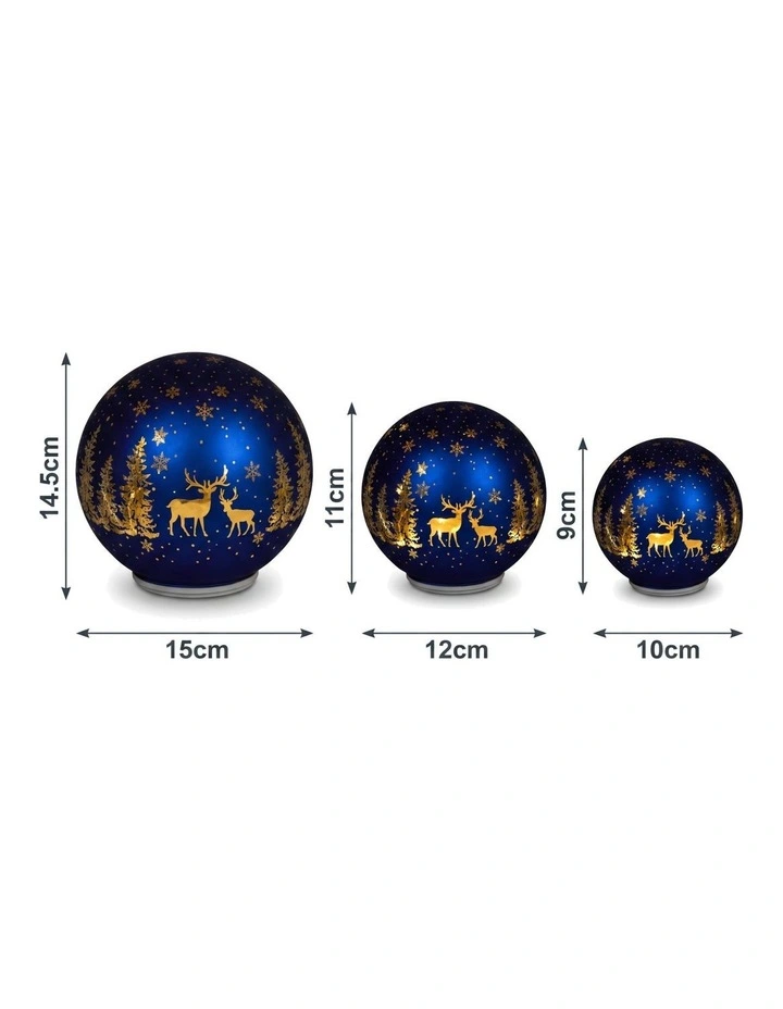 Christabelle 3 Royal Blue Glass Christmas LED Light Up Spheres Gold Forest Table Decor Xmas image 2