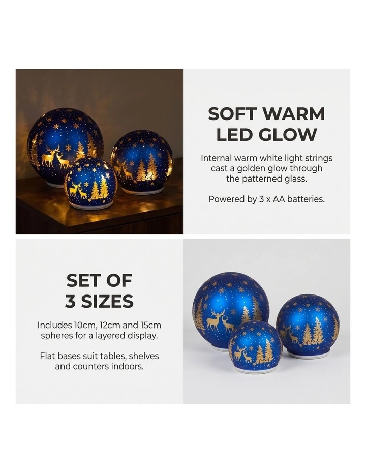 Christabelle 3 Royal Blue Glass Christmas LED Light Up Spheres Gold Forest Table Decor Xmas image 3