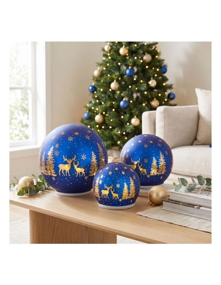 Christabelle 3 Royal Blue Glass Christmas LED Light Up Spheres Gold Forest Table Decor Xmas image 5