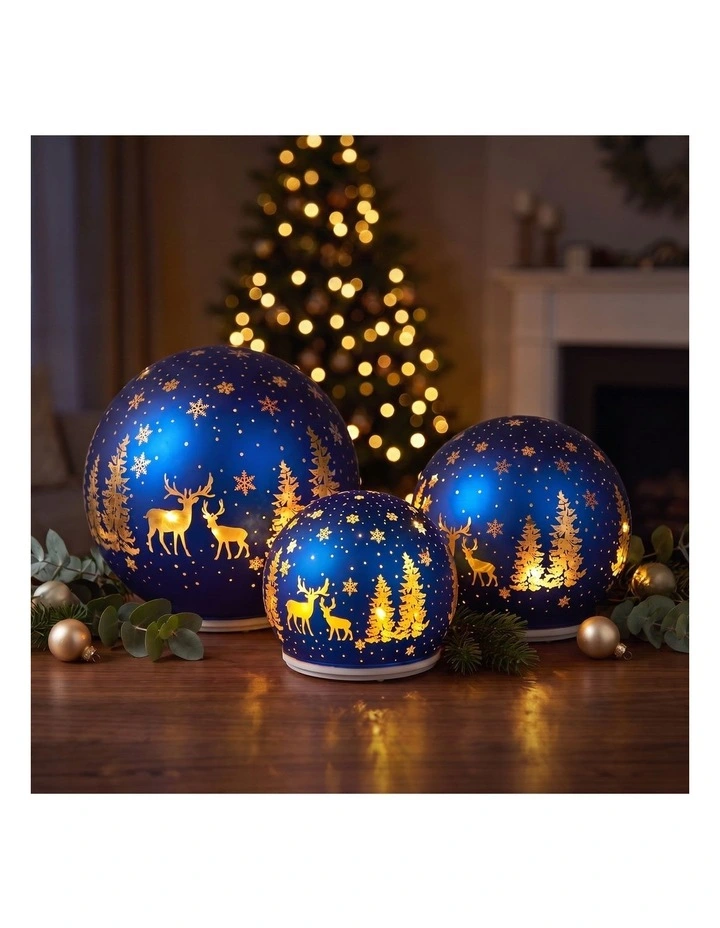 Christabelle 3 Royal Blue Glass Christmas LED Light Up Spheres Gold Forest Table Decor Xmas image 6