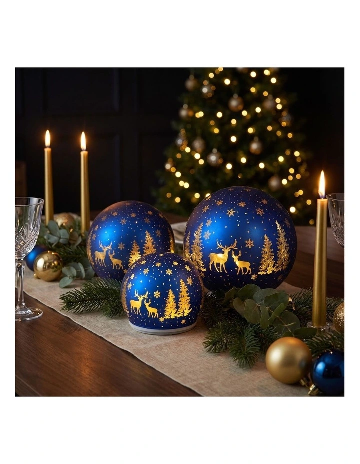 Christabelle 3 Royal Blue Glass Christmas LED Light Up Spheres Gold Forest Table Decor Xmas image 7
