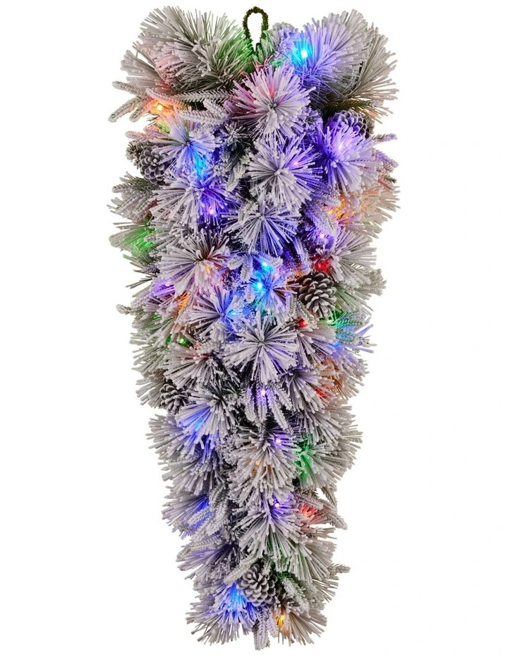 Christabelle 90cm Alpine Snow Christmas Wreath Teardrop Pre Lit Multi Function LED Timer Flocked image 1